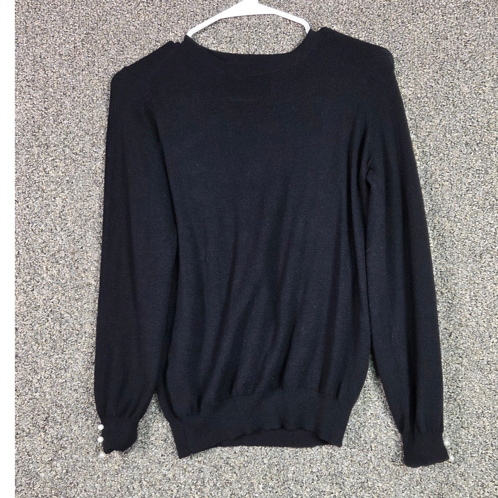 Love Tree Sweater Women Large Black Pearl Cuff Crew Neck Knit 9347WY